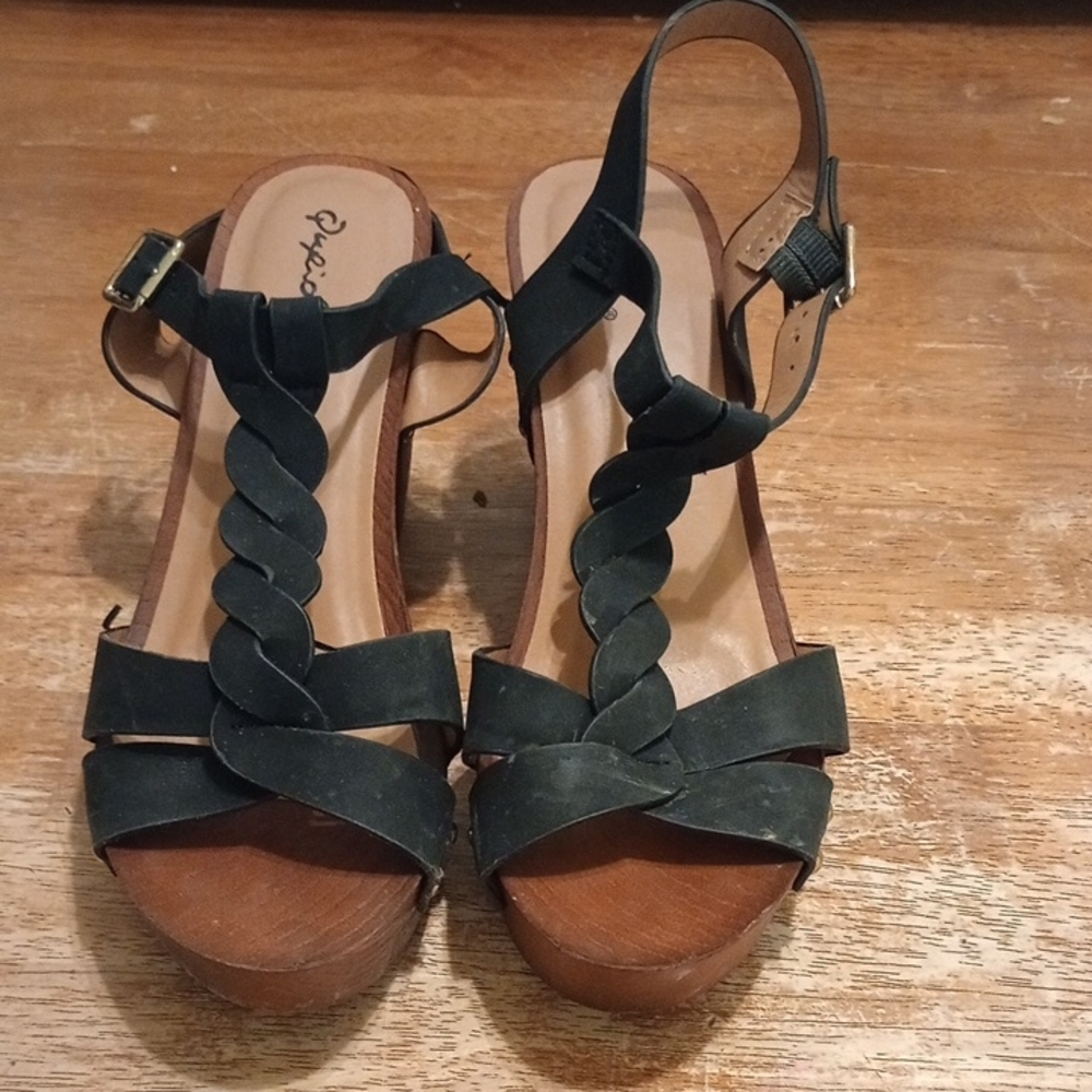 Qupid Black Braided Wedge Sandals